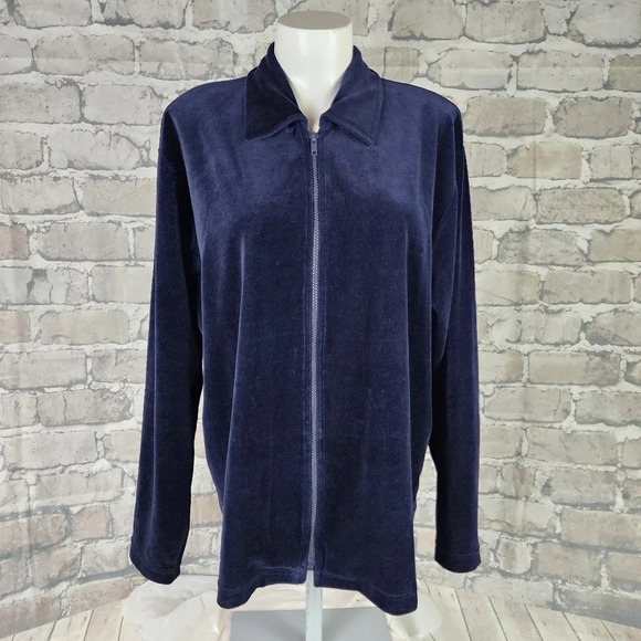 Vintage 80s Club Monaco Velour Zip Front Track Jacket Navy Blue Size Large - Picture 3 of 8